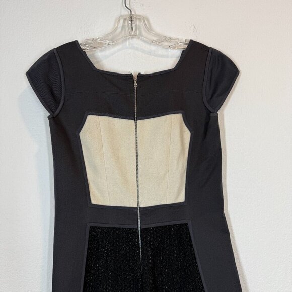Italian Sheath Dress Wool Cashmere Color Block Gray Black Cream Designer 4 - Picture 5 of 13